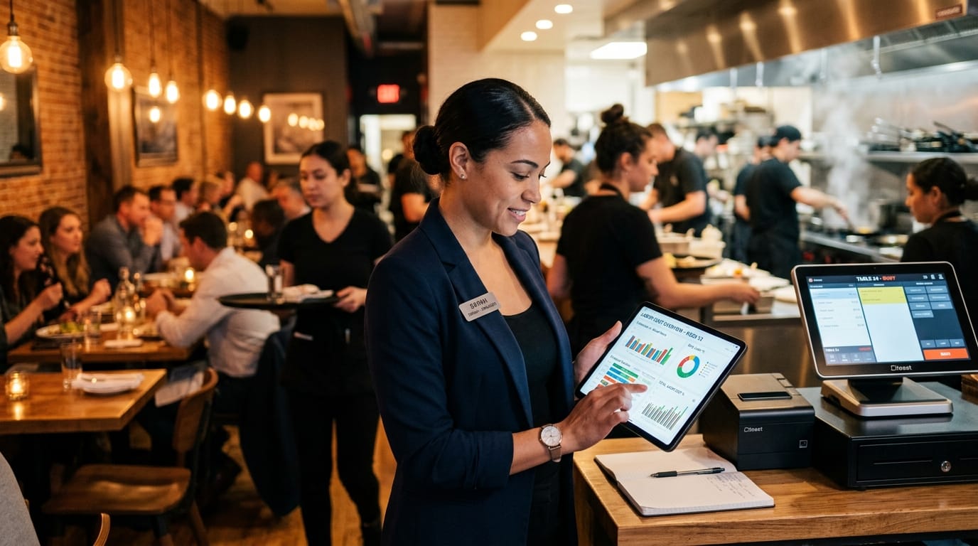 Restaurant manager reviewing labor cost data on tablet during busy dinner service