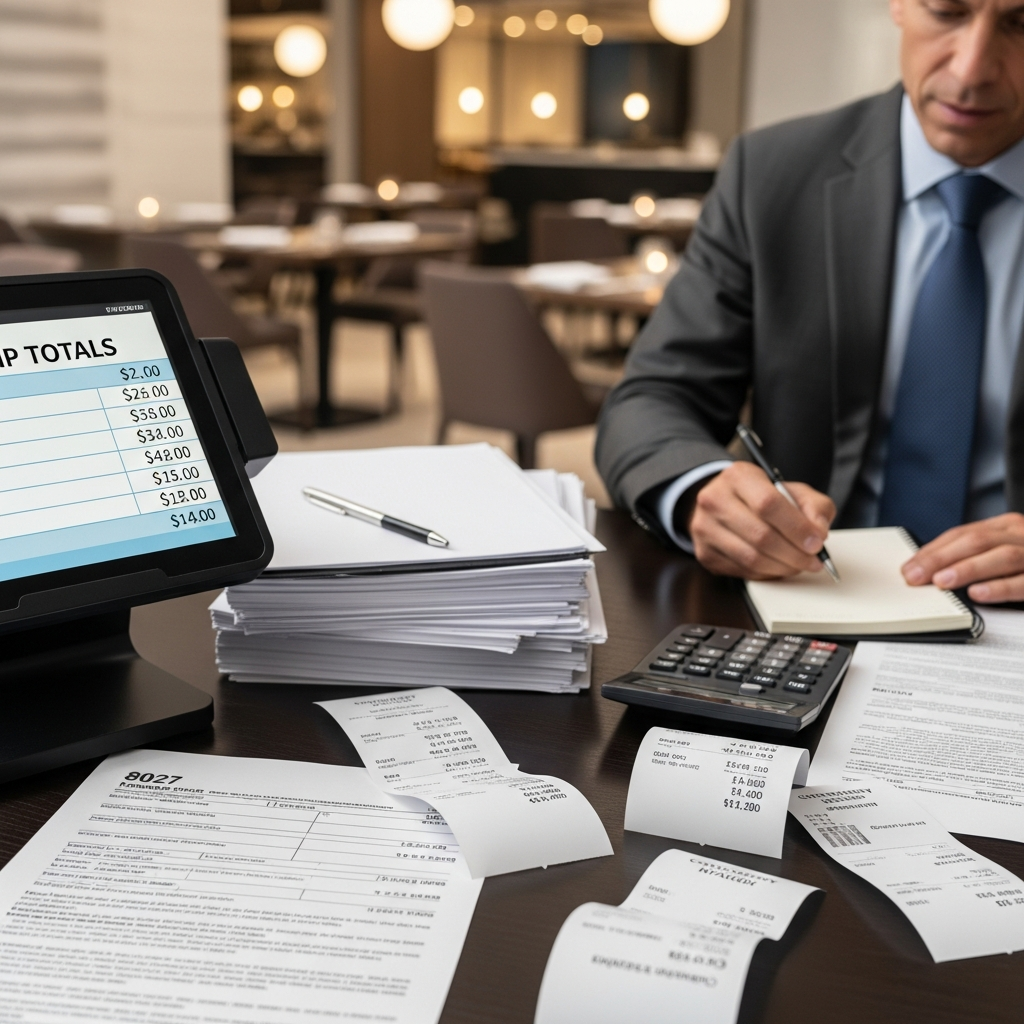 Restaurant manager reviewing tipping records with receipts, calculator, and POS totals screen