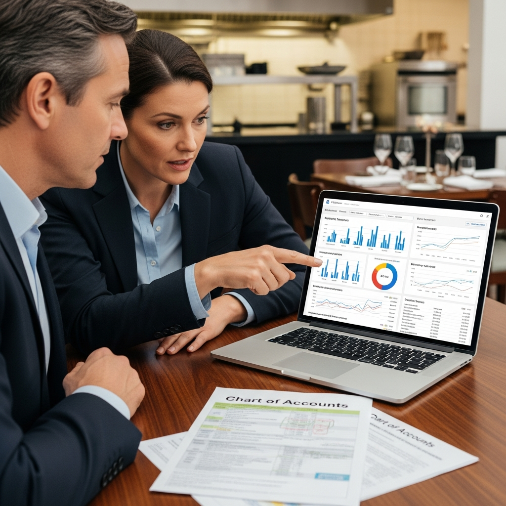 Restaurant accountant explaining chart of accounts dashboard on laptop with financial reports