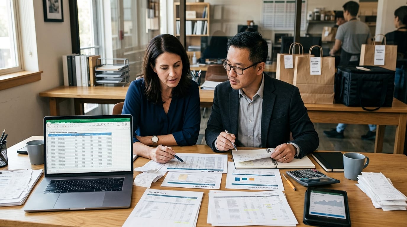 Two business professionals reviewing restaurant delivery fee reconciliation spreadsheets and financial reports at a desk.