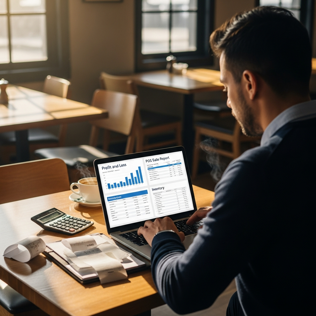 Restaurant owner reviewing P&L statement and POS sales report on laptop with receipts