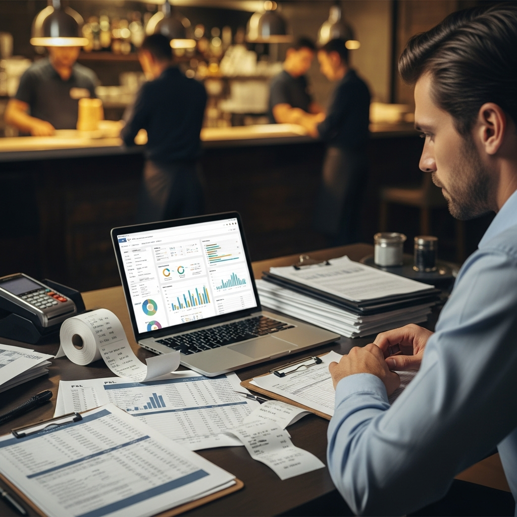 Restaurant owner reviewing bookkeeping reports and financial dashboards on laptop amid receipts