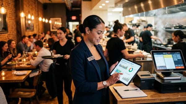 Restaurant manager reviewing labor cost data on tablet during busy dinner service