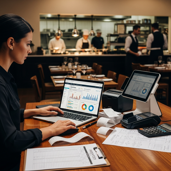 Restaurant manager doing her own restaurant accounting on a laptop with receipts and POS system nearby.