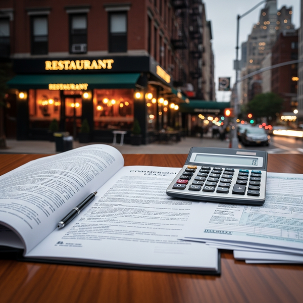 NYC Commercial Lease for rent tax calculation on table outside Manhattan restaurant. Operators were assisted by FORCS Restaurant Accounting Experts.