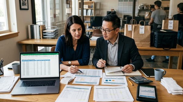 Two business professionals reviewing restaurant delivery fee reconciliation spreadsheets and financial reports at a desk.