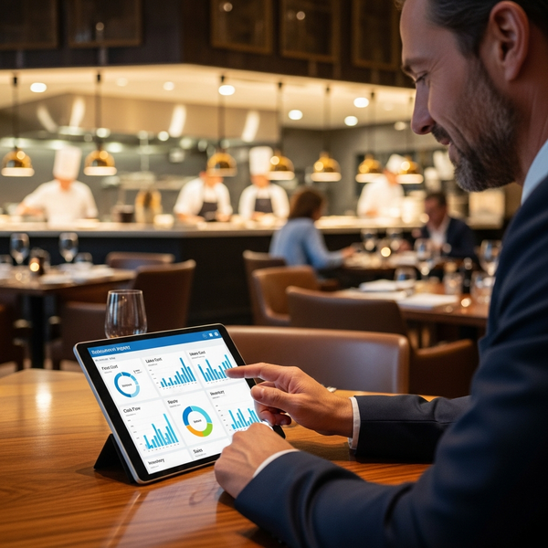Restaurant owner reviewing financial reports and KPIs on a tablet in a busy dining room.