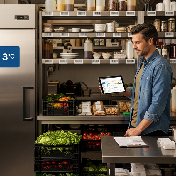 Restaurant manager using tablet for inventory management near refrigerator and fresh produce shelves.