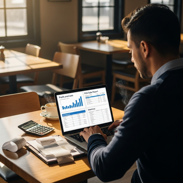 Restaurant owner reviewing P&L statement and POS sales report on laptop with receipts